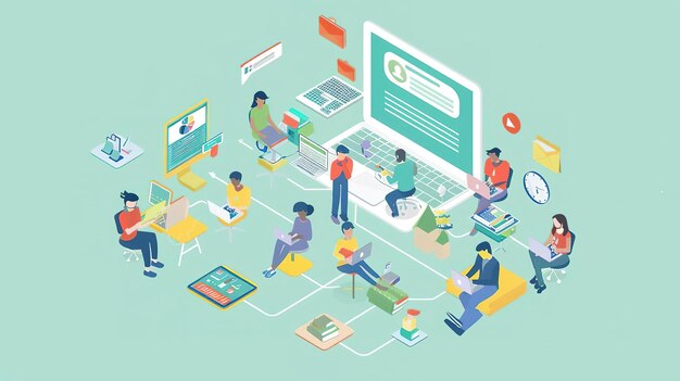 Photo isometric illustration of people working together online