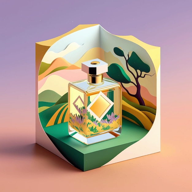 Isometric illustration of a perfume with beautiful nature.