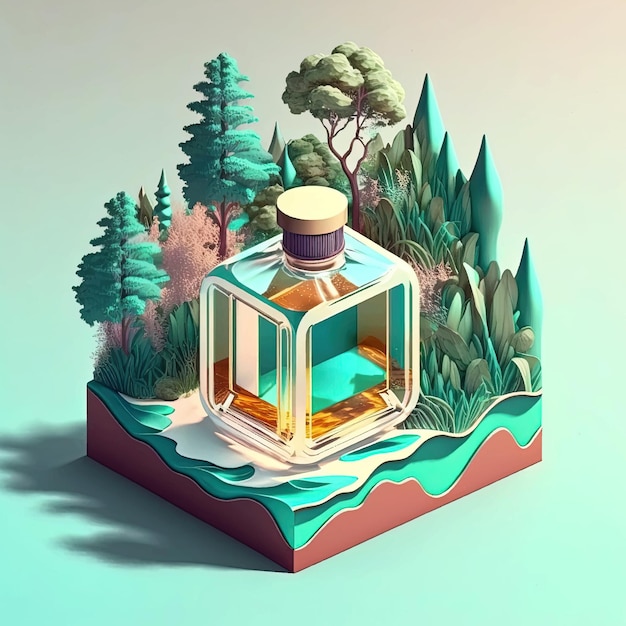 Isometric illustration of a perfume with beautiful nature.