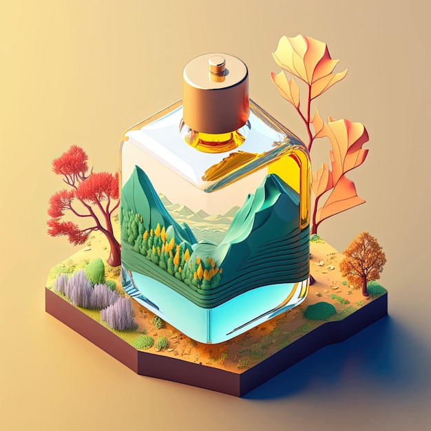 Isometric illustration of a perfume with beautiful nature.