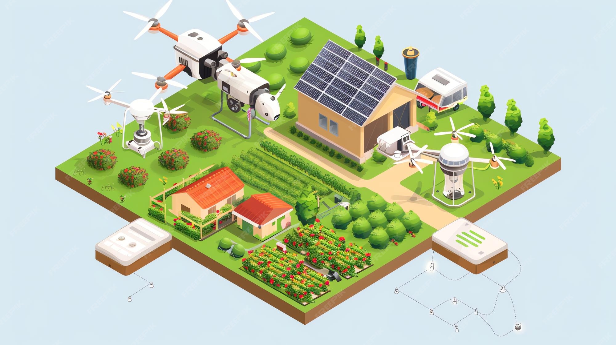 Isometric illustration of a smart farm with drones and robots Circuit Diagram