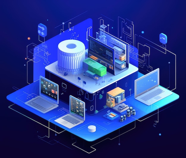 isometric illustration of technology and monitor components