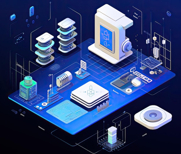 isometric illustration of technology and monitor components