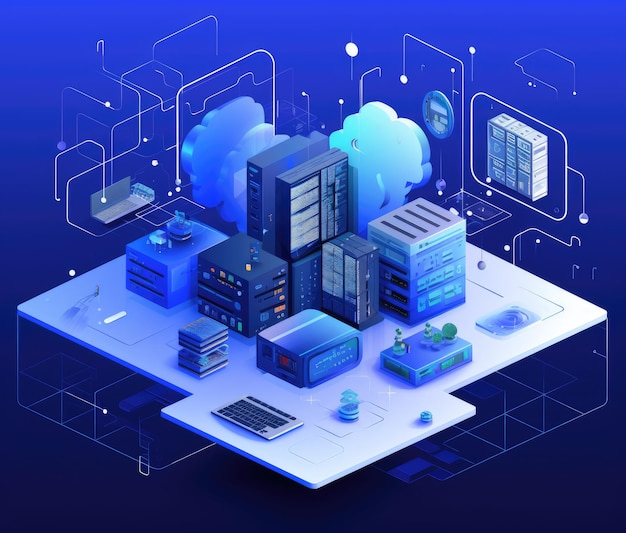 Photo isometric illustration of technology and monitor components