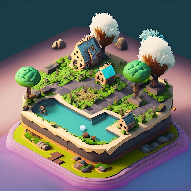 Isometric image of miniature house and trees isolated