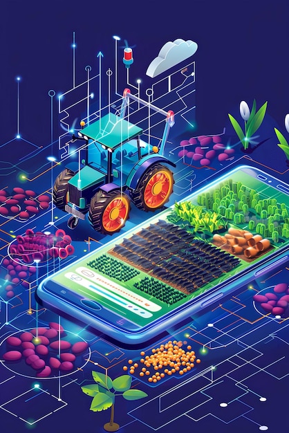 Photo isometric image of a smartphone and a lot of elements of agribusiness