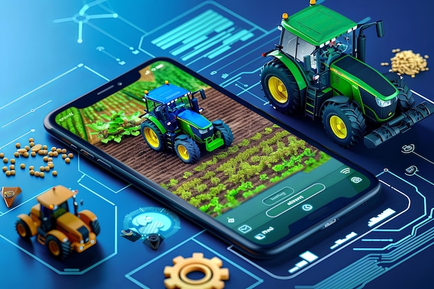 Photo isometric image of a smartphone and a lot of elements of agribusiness