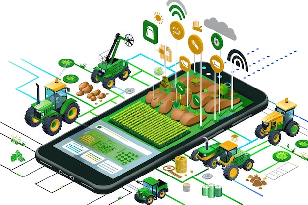 Photo isometric image of a smartphone and a lot of elements of agribusiness