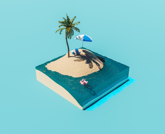 isometric island with palm tree and beach accessories summer concept