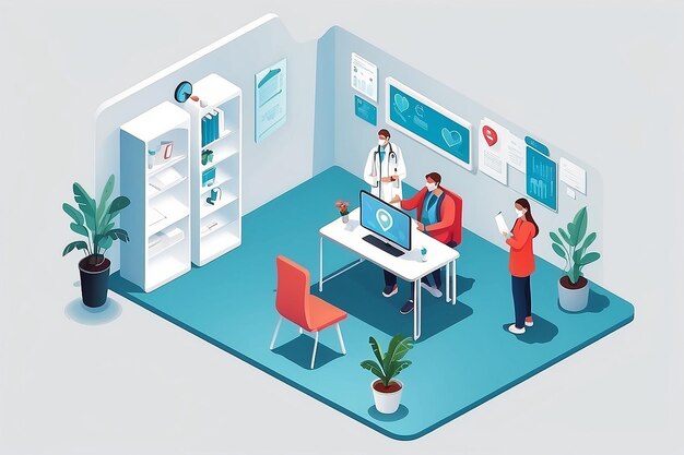 Photo isometric keeping a distance in the doctor office keeps a social distance and wears masks landing page