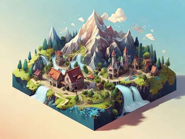 Isometric Kingdom with a Mountain and Hill