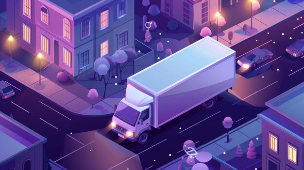 Photo isometric landing page for refrigerator transportation a moving van with cold freight riding along a gps navigator route distribution 3d modern banner