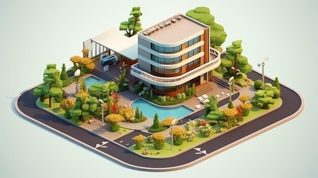 Isometric landscape with the building and the nature around the hotel a shop with flowerbeds