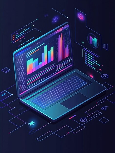 isometric laptop application with business graphs and data analysis analysis trends and software development coding process concepts programming crossplatform code testing programming or coding