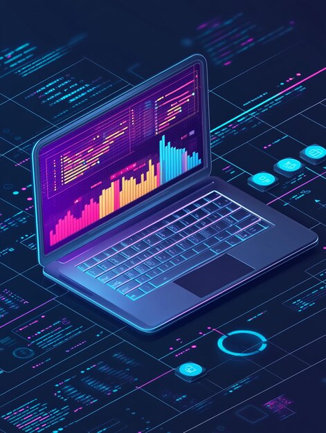 isometric laptop application with business graphs and data analysis analysis trends and software development coding process concepts programming crossplatform code testing programming or coding