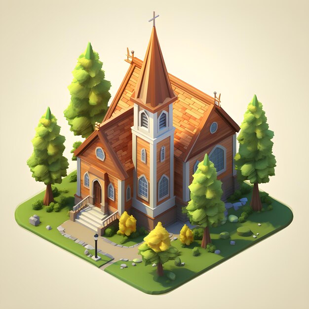 Photo isometric a little church cartoon style american sd