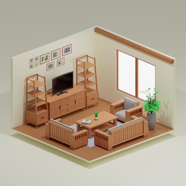 Foto salotto isometrico 3d render design con stile minimalista e dotato di divano e comodino