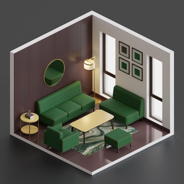Foto illustrazione di rendering 3d del soggiorno isometrico 03
