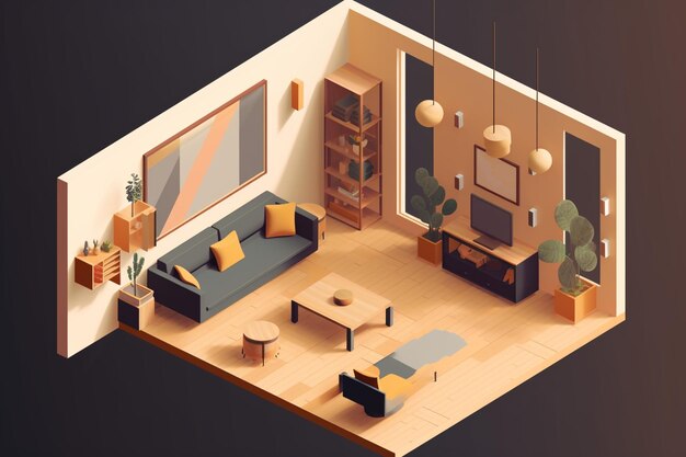 Photo isometric living room design with minimalist style