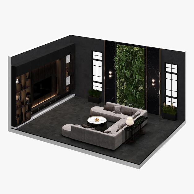 Isometric living room Interior design in black