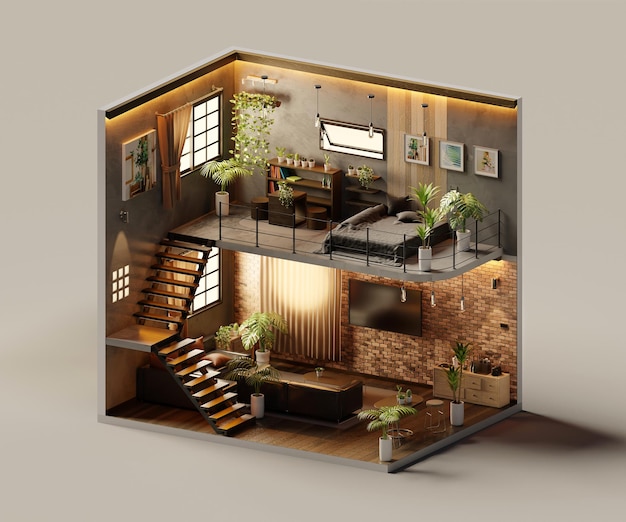 Isometric living room open inside interior architecture 3d
rendering