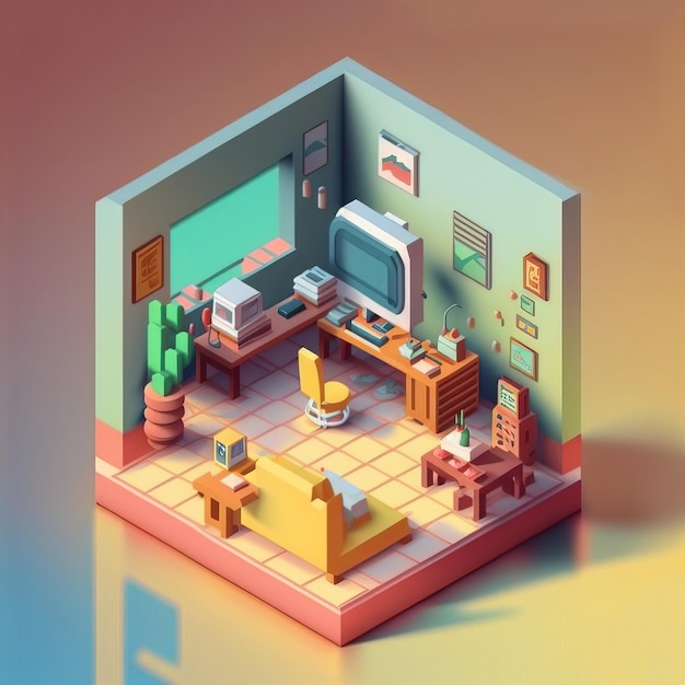 Isometric living room with furniture 3d render