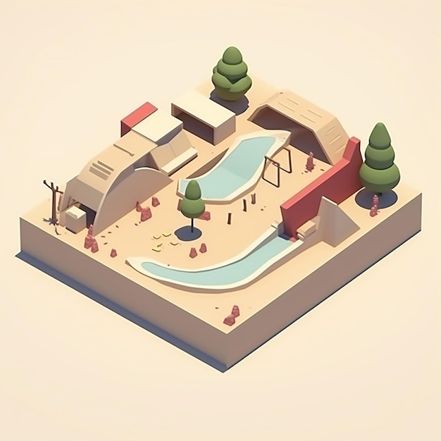 Foto isometrico low poly backyard skatepark pieno di rampe per le ciotole e punti di macinazione