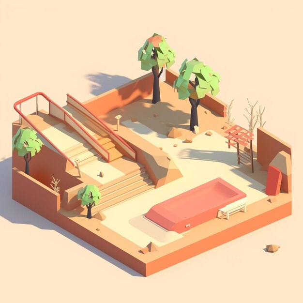 Isometric low poly backyard skatepark full of bowls ramps and grinding spots