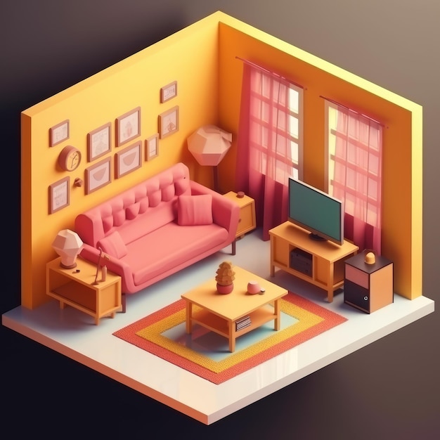 キュートで居心地の良いソファ、コーヒーテーブル、窓、カーテン、時計枠、その他の家具を特徴とする3Dイラストの等角低ポリリビングルームデザイン