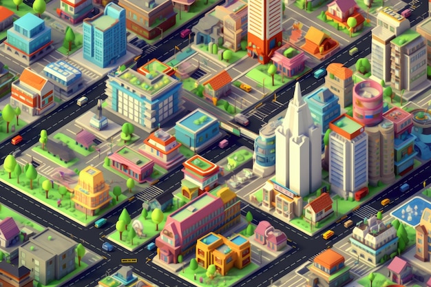 Photo isometric map of a city with many blocks