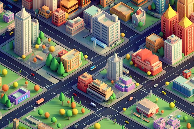 Photo isometric map of a city with many blocks