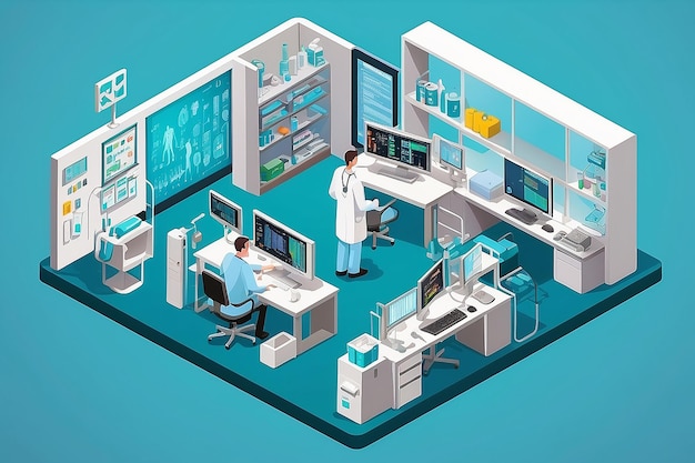 Photo isometric medical hospital computer electronic modern laboratory lab equipment man assistant doctor operator flat 3d isometry style web site vector illustration creative people collection