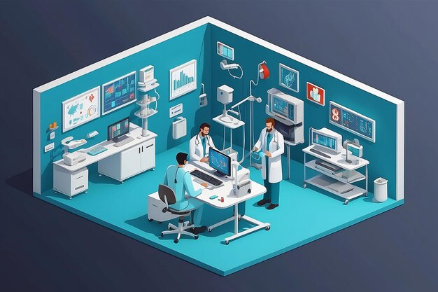 Photo isometric medical hospital diagnostic computer electronic modern equipment doctor operator