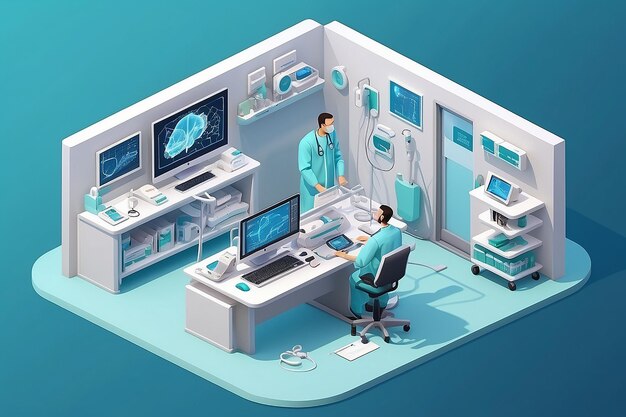 Isometric medical hospital diagnostic computer electronic modern equipment doctor operator