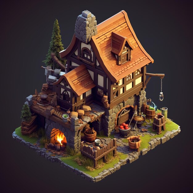 isometric medieval village