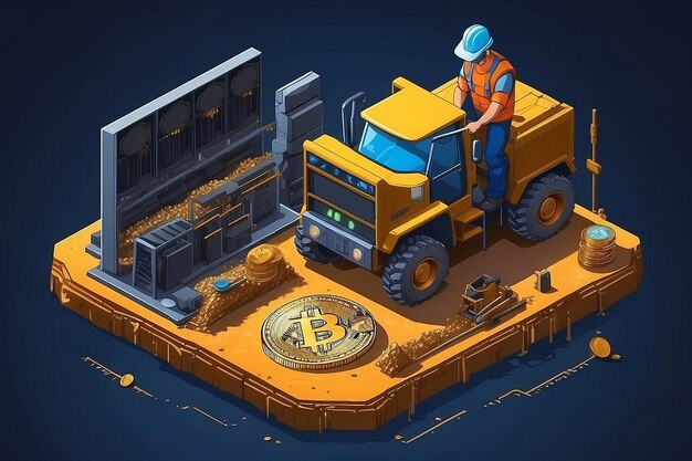 Photo isometric miner is digging on golden bitcoin devices and technology for mining cryptocurrency