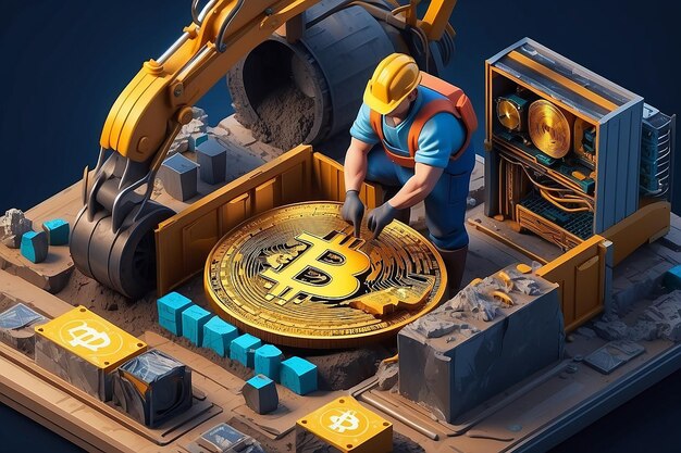 Photo isometric miner is digging on golden bitcoin devices and technology for mining cryptocurrency