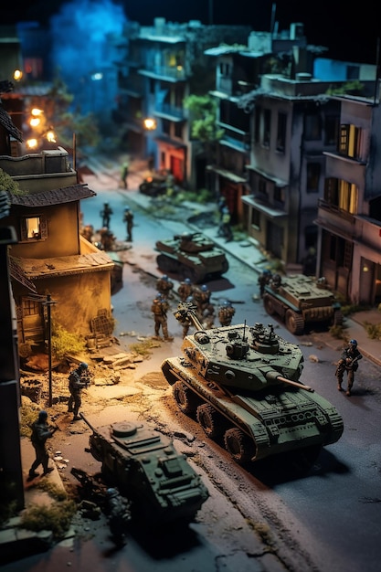 Isometric miniature world diorama of a squad of eight soldiers and a tank patrolling a war torn urb