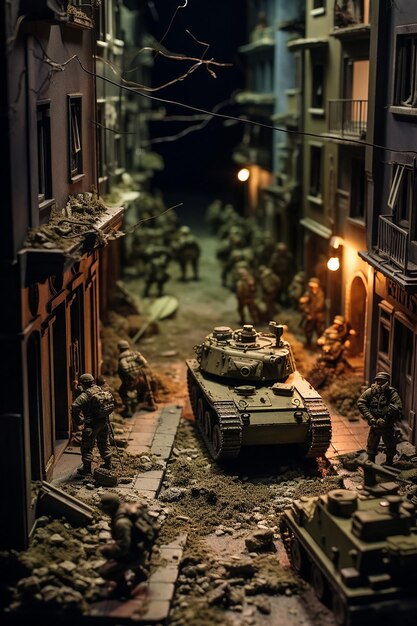 Foto diorama del mondo in miniatura isometrico di una squadra di otto soldati e un carro armato che pattugliano una città devastata dalla guerra