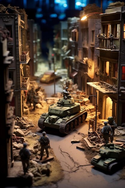 Isometric miniature world diorama of a squad of eight soldiers and a tank patrolling a war torn urb