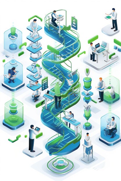 Photo isometric miniature world encapsulated in several square rooms where biomedical engineers