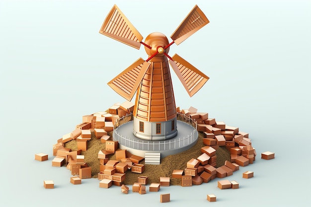 Фото Изометрическая минималистская 3d-иллюстрация ветряной мельницы