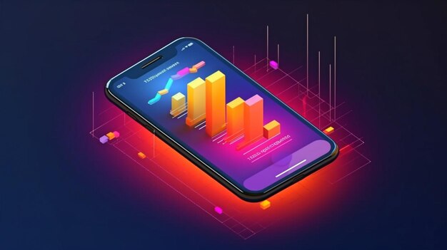 on an isometric mobile phone a smartphone application with business graph and analytics data is used concept and trends analysis for the coding process in software development the generative ai