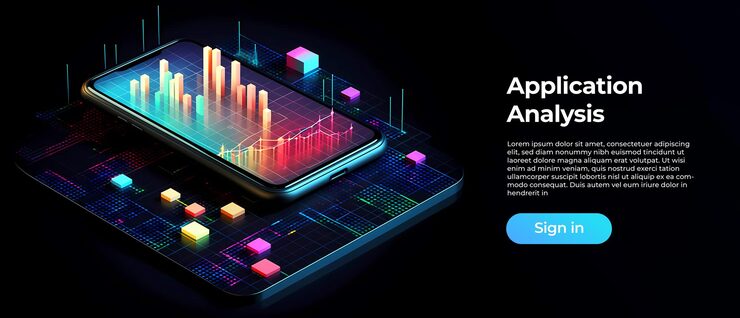 Photo 具有商業圖表和數據分析的同位素手機 軟件開發 編碼過程概念和分析趨勢與跨平台測試 generative ai