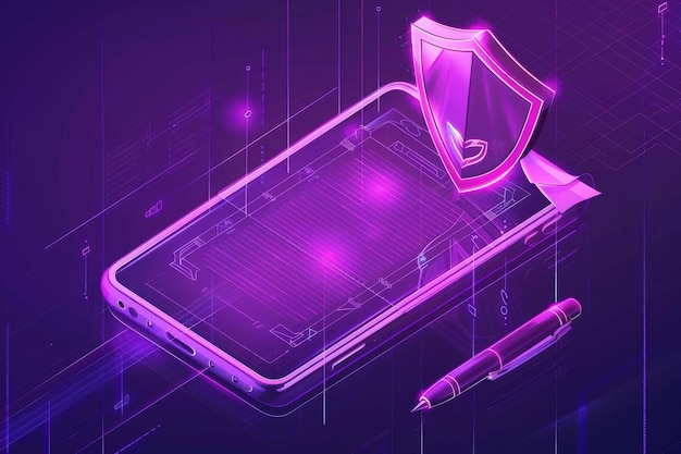 Photo isometric modern illustration of a mobile document manager business concept signing a contract online on a smartphone or tablet screen with a shield and stylus pen on a purple ultraviolet digital