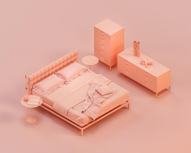 Isometric monochrome bedroom with a double bed with side tables\
single color interior 3d rendering