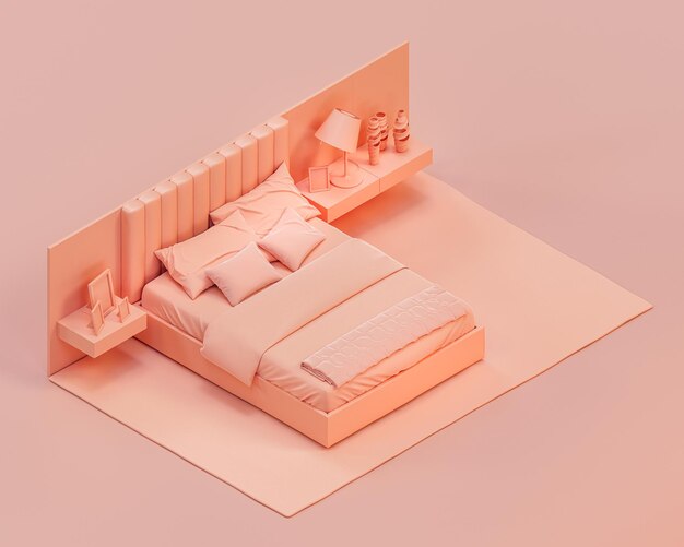 Isometric monochrome bedroom with a double bed with side tables
single color interior 3d rendering