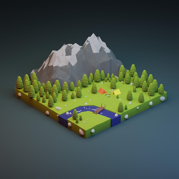 Isometric mountain camp site 3D render