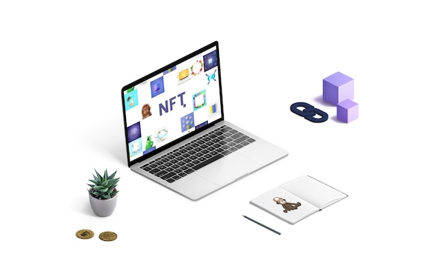 Isometric NFT Nonfungible token composition concept Laptop with NFT art pad with drawing NFT crypto coins blocks and chain Artist work desk concept