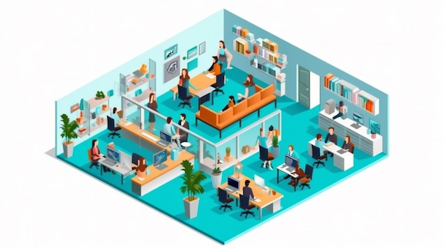 Isometric office with people working in the center of the room generative ai